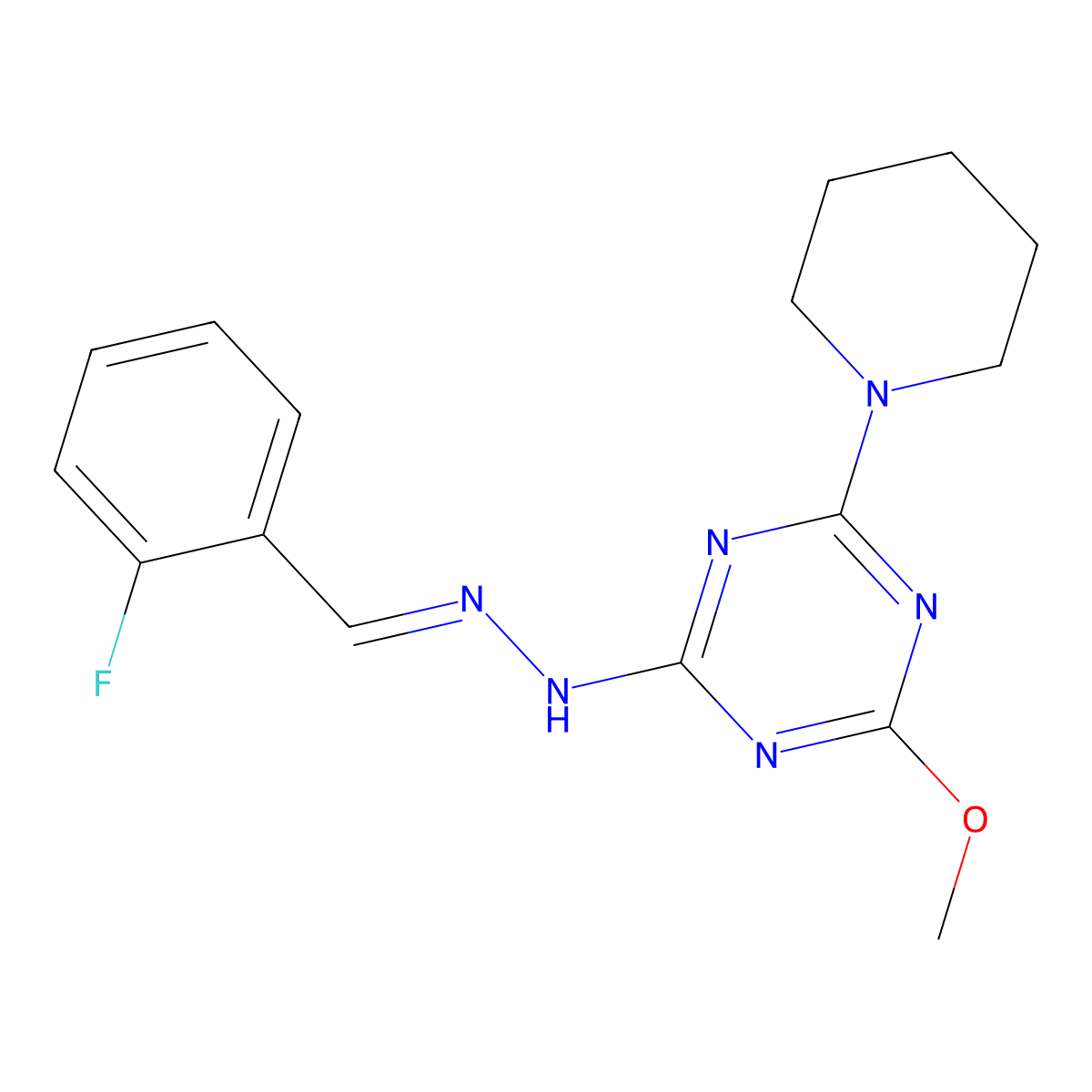 N-[(2-fluorophenyl)methylideneamino]-4-methoxy-6-piperidin-1-yl-1,3,5-triazin-2-amine molecular structure, CAS 5866-56-8