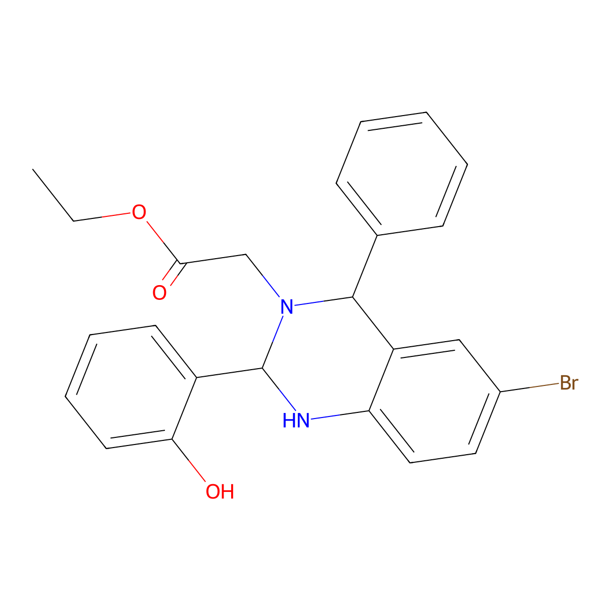 ethyl [6-bromo-2-(2-hydroxyphenyl)-4-phenyl-1,4-dihydroquinazolin-3(2H)-yl]acetate molecular structure, CAS 5867-93-6