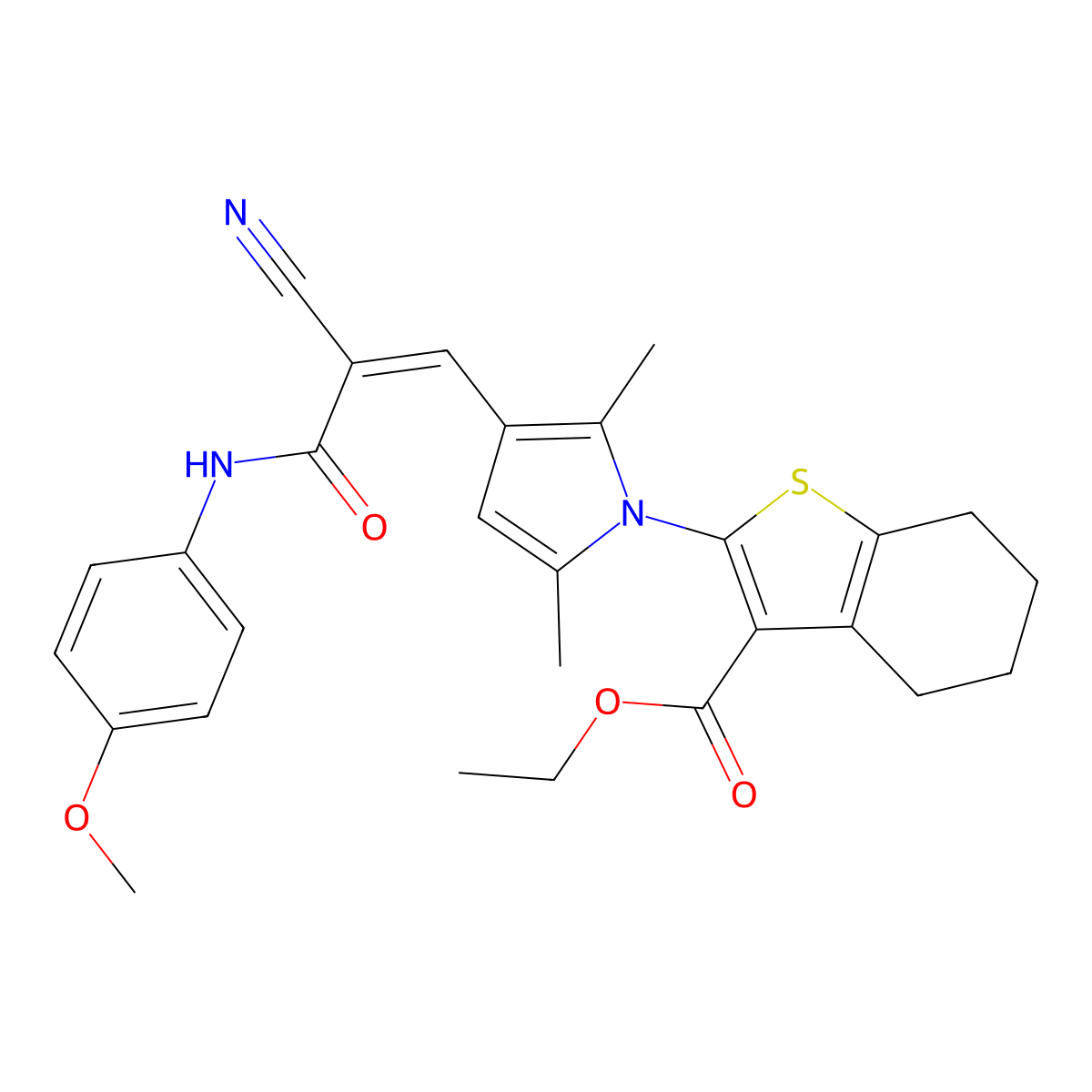 Ethyl 2-[3-[2-cyano-3-(4-methoxyanilino)-3-oxoprop-1-enyl]-2,5-dimethylpyrrol-1-yl]-4,5,6,7-tetrahydro-1-benzothiophene-3-carboxylate molecular structure, CAS 5868-15-5