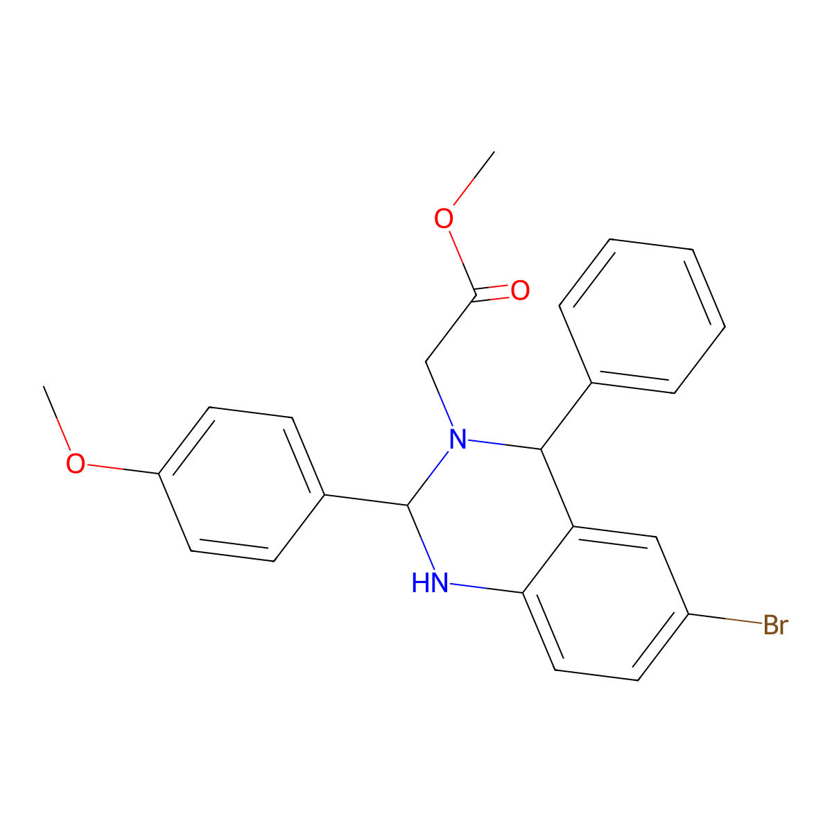 methyl 2-[6-bromo-2-(4-methoxyphenyl)-4-phenyl-2,4-dihydro-1H-quinazolin-3-yl]acetate molecular structure, CAS 5868-31-5