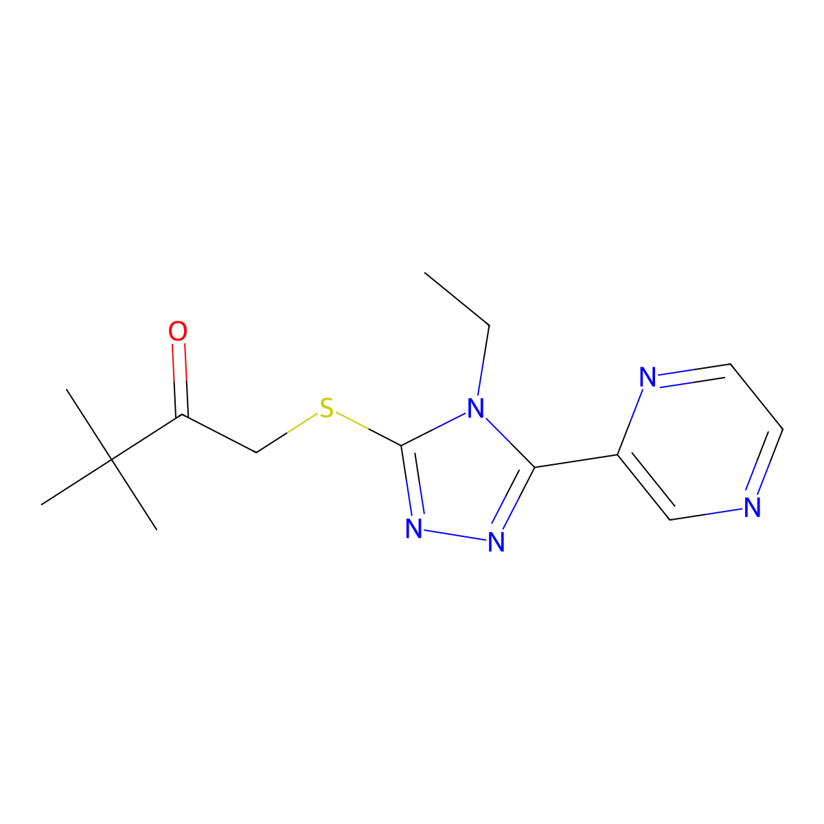 1-{[4-ethyl-5-(2-pyrazinyl)-4H-1,2,4-triazol-3-yl]thio}-3,3-dimethyl-2-butanone molecular structure, CAS 586982-86-7