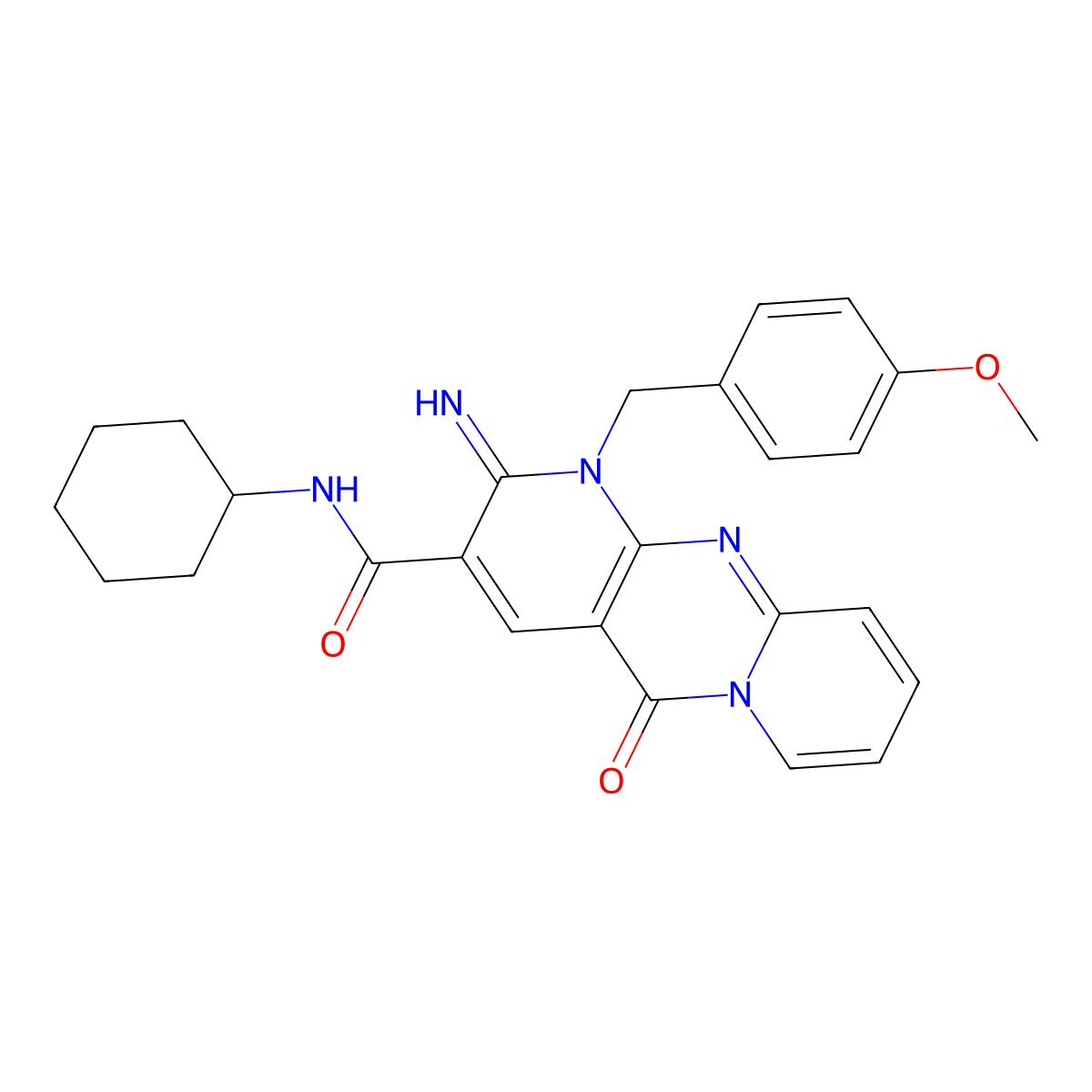 N-cyclohexyl-6-imino-7-[(4-methoxyphenyl)methyl]-2-oxo-1,7,9-triazatricyclo[8.4.0.0^{3,8}]tetradeca-3(8),4,9,11,13-pentaene-5-carboxamide molecular structure, CAS 586982-95-8