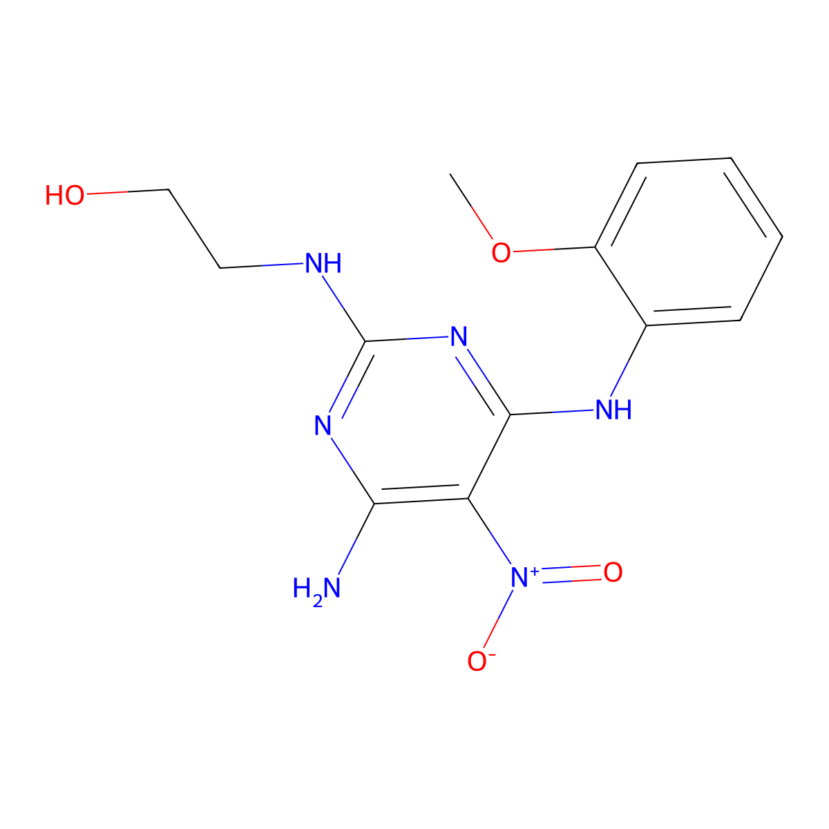 2-[[4-Amino-6-(2-methoxyanilino)-5-nitropyrimidin-2-yl]amino]ethanol molecular structure, CAS 586983-53-1
