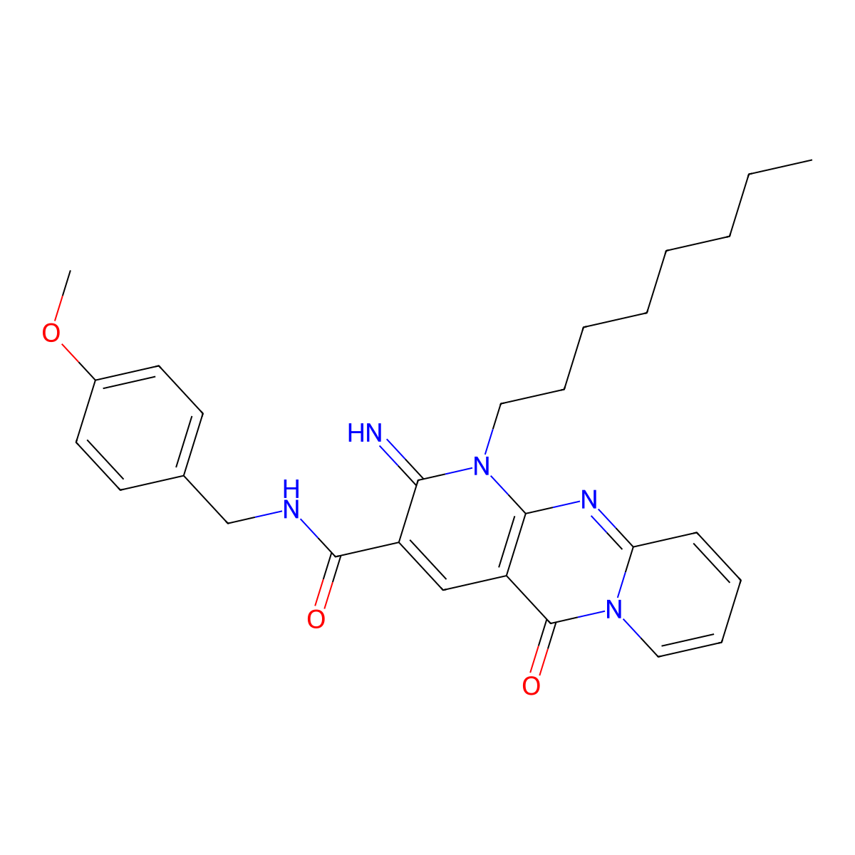 2-imino-N-(4-methoxybenzyl)-1-octyl-5-oxo-1,5-dihydro-2H-dipyrido[1,2-a:2',3'-d]pyrimidine-3-carboxamide molecular structure, CAS 586984-09-0