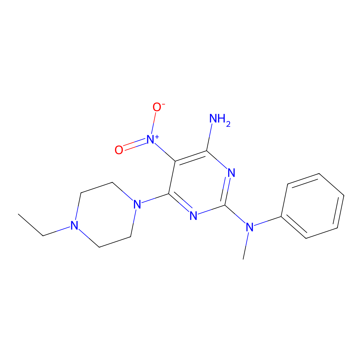 6-(4-ethylpiperazin-1-yl)-2-N-methyl-5-nitro-2-N-phenylpyrimidine-2,4-diamine molecular structure, CAS 586984-41-0