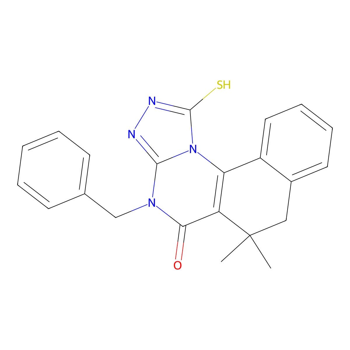4-benzyl-6,6-dimethyl-1-sulfanyl-6,7-dihydrobenzo[h][1,2,4]triazolo[4,3-a]quinazolin-5(4H)-one molecular structure, CAS 586985-11-7