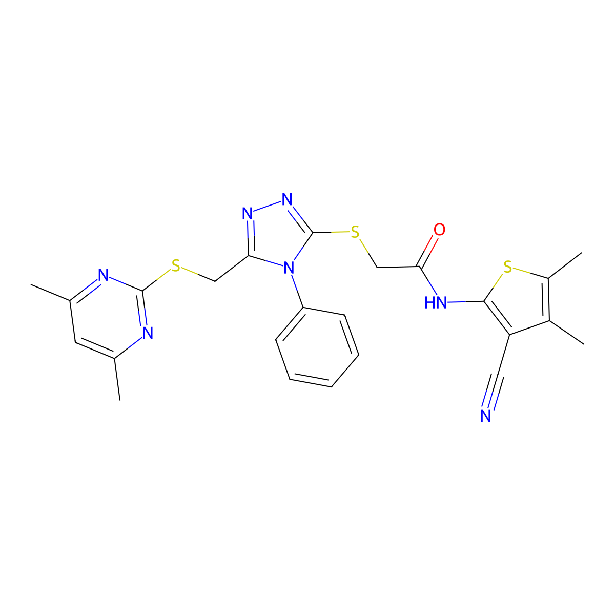 N-(3-cyano-4,5-dimethylthiophen-2-yl)-2-[[5-[(4,6-dimethylpyrimidin-2-yl)sulfanylmethyl]-4-phenyl-1,2,4-triazol-3-yl]sulfanyl]acetamide molecular structure, CAS 586985-64-0