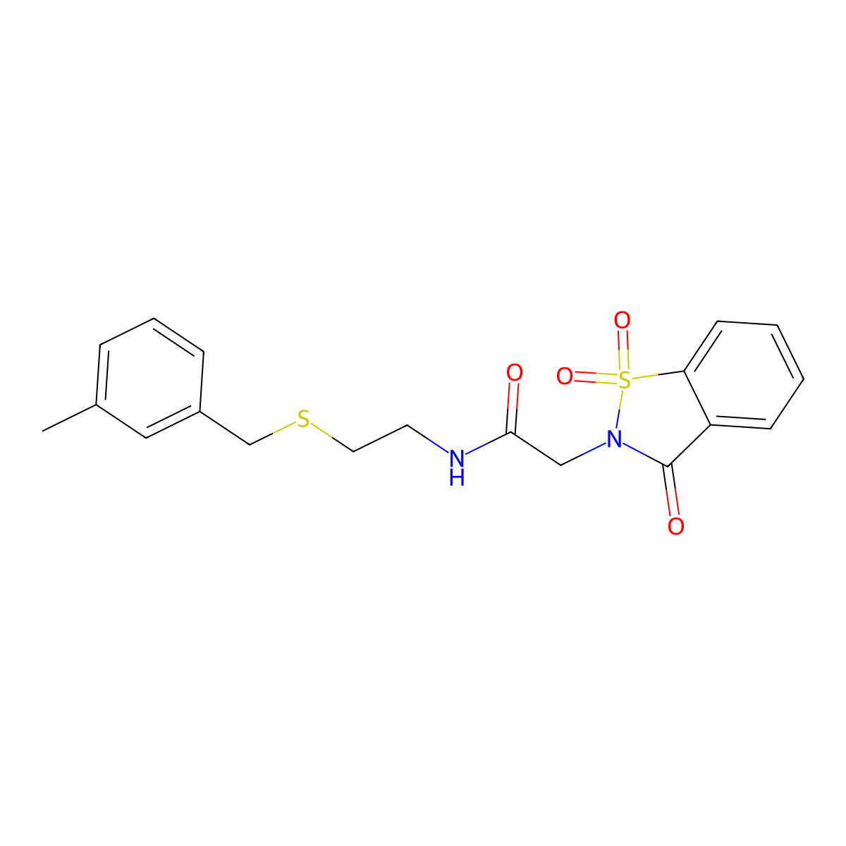 N-[2-[(3-methylphenyl)methylsulfanyl]ethyl]-2-(1,1,3-trioxo-1,2-benzothiazol-2-yl)acetamide molecular structure, CAS 586986-61-0