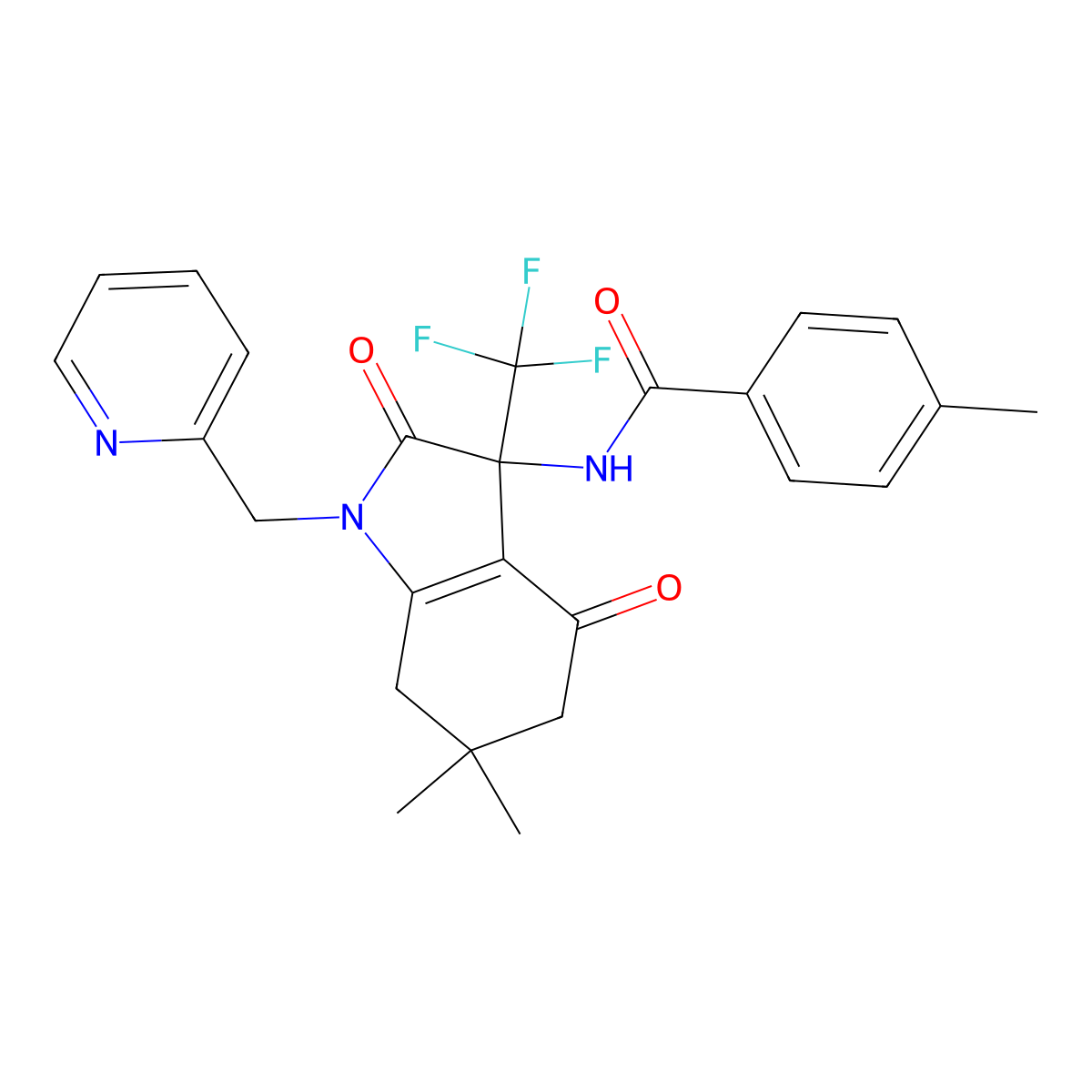 N-[6,6-dimethyl-2,4-dioxo-1-(pyridin-2-ylmethyl)-3-(trifluoromethyl)-5,7-dihydroindol-3-yl]-4-methylbenzamide molecular structure, CAS 586987-27-1