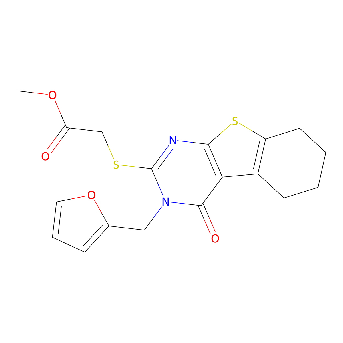 Methyl {[3-(furan-2-ylmethyl)-4-oxo-3,4,5,6,7,8-hexahydro[1]benzothieno[2,3-d]pyrimidin-2-yl]sulfanyl}acetate molecular structure, CAS 586987-95-3