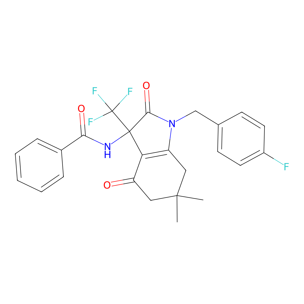 N-[1-[(4-fluorophenyl)methyl]-6,6-dimethyl-2,4-dioxo-3-(trifluoromethyl)-5,7-dihydroindol-3-yl]benzamide molecular structure, CAS 586988-11-6