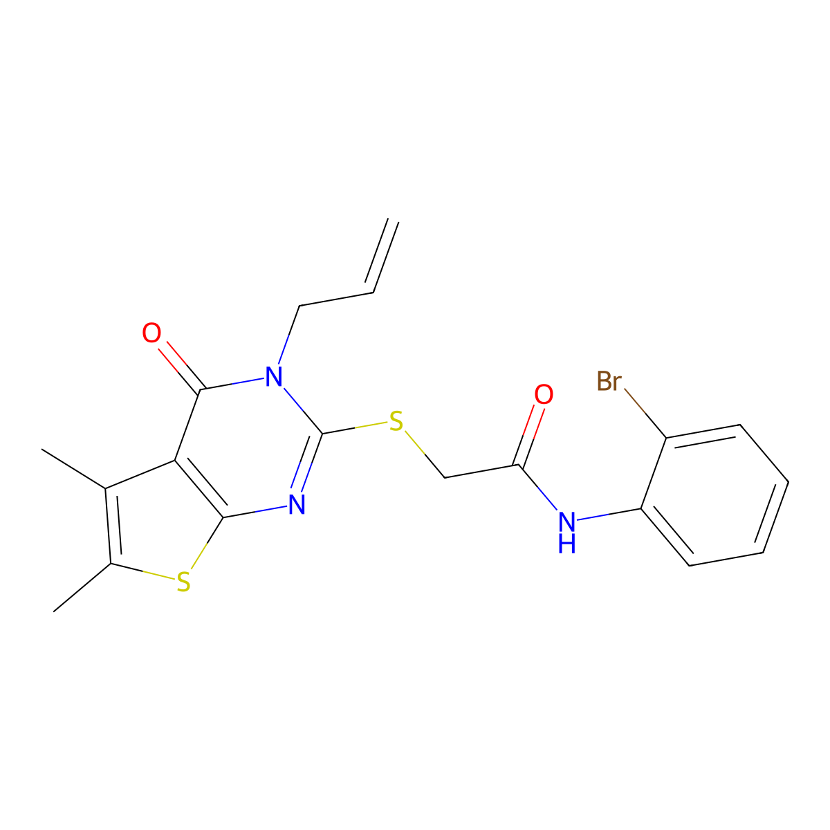 2-(5,6-dimethyl-4-oxo-3-prop-2-enyl(3-hydrothiopheno[2,3-d]pyrimidin-2-ylthio))-N-(2-bromophenyl)acetamide molecular structure, CAS 586988-16-1