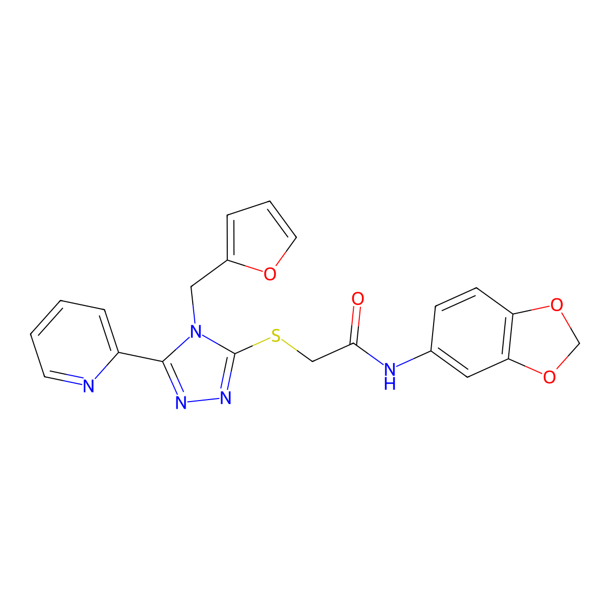 N-Benzo[1,3]dioxol-5-yl-2-(4-furan-2-ylmethyl-5-pyridin-2-yl-4H-[1,2,4]triazol-3-ylsulfanyl)-acetamide molecular structure, CAS 586988-65-0