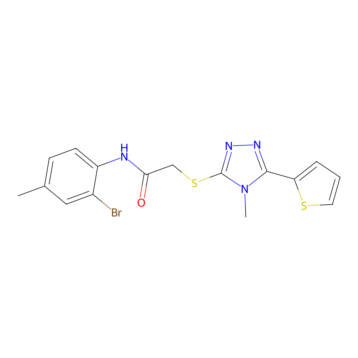 N-(2-bromo-4-methylphenyl)-2-{[4-methyl-5-(thiophen-2-yl)-4H-1,2,4-triazol-3-yl]sulfanyl}acetamide molecular structure, CAS 586988-76-3