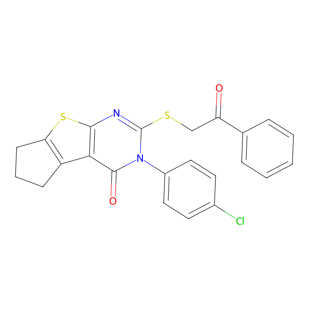 3-(4-Chlorophenyl)-2-[(2-oxo-2-phenylethyl)sulfanyl]-3,5,6,7-tetrahydro-4H-cyclopenta[4,5]thieno[2,3-D]pyrimidin-4-one molecular structure, CAS 586988-78-5