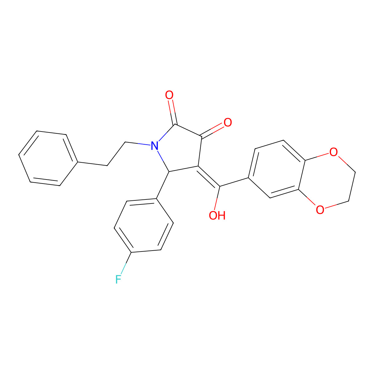 4-(2,3-dihydro-1,4-benzodioxine-6-carbonyl)-5-(4-fluorophenyl)-3-hydroxy-1-(2-phenylethyl)-2,5-dihydro-1H-pyrrol-2-one molecular structure, CAS 586988-81-0