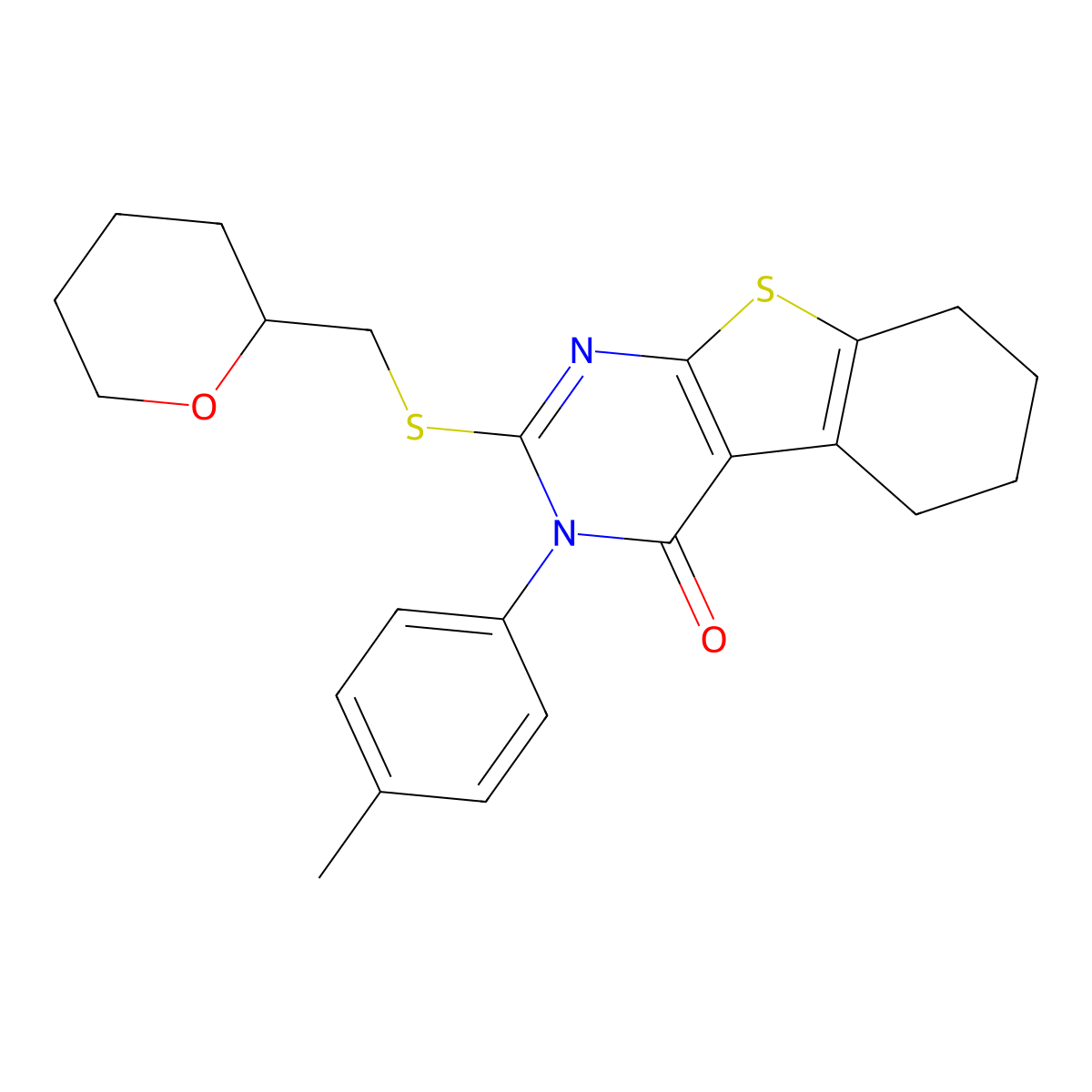 3-(4-methylphenyl)-2-[(tetrahydro-2H-pyran-2-ylmethyl)sulfanyl]-5,6,7,8-tetrahydro[1]benzothieno[2,3-d]pyrimidin-4(3H)-one molecular structure, CAS 586988-98-9