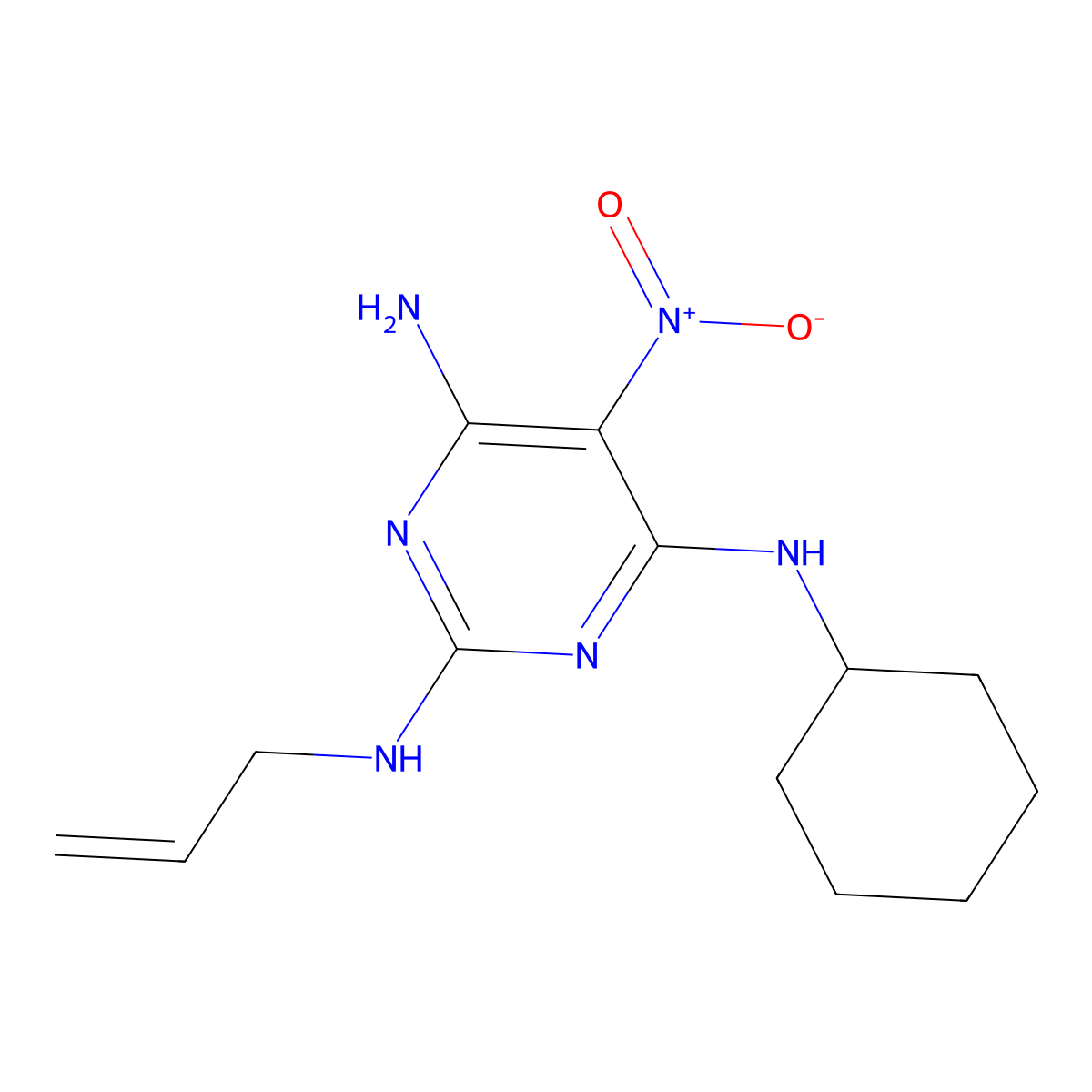 4-N-cyclohexyl-5-nitro-2-N-prop-2-enylpyrimidine-2,4,6-triamine molecular structure, CAS 586989-54-0