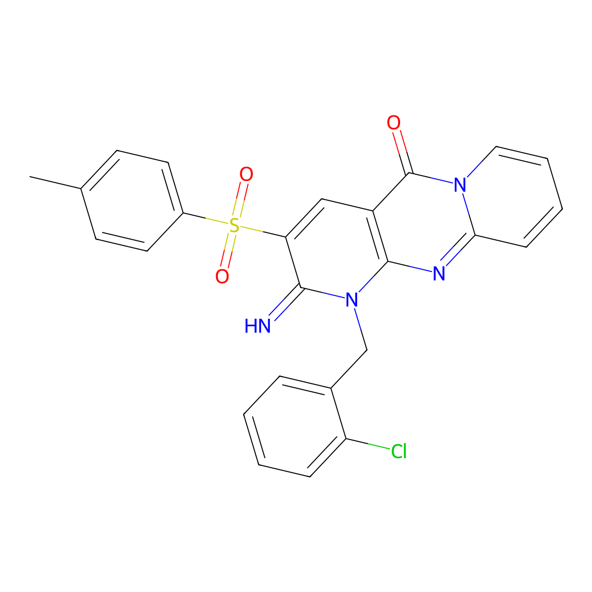 7-[(2-Chlorophenyl)methyl]-6-imino-5-(4-methylbenzenesulfonyl)-1,7,9-triazatricyclo[8.4.0.0^{3,8}]tetradeca-3(8),4,9,11,13-pentaen-2-one molecular structure, CAS 586989-65-3