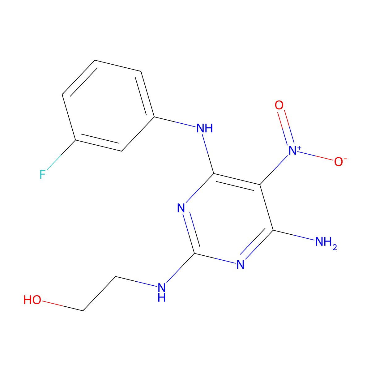 2-((4-Amino-6-((3-fluorophenyl)amino)-5-nitropyrimidin-2-yl)amino)ethanol molecular structure, CAS 586989-99-3