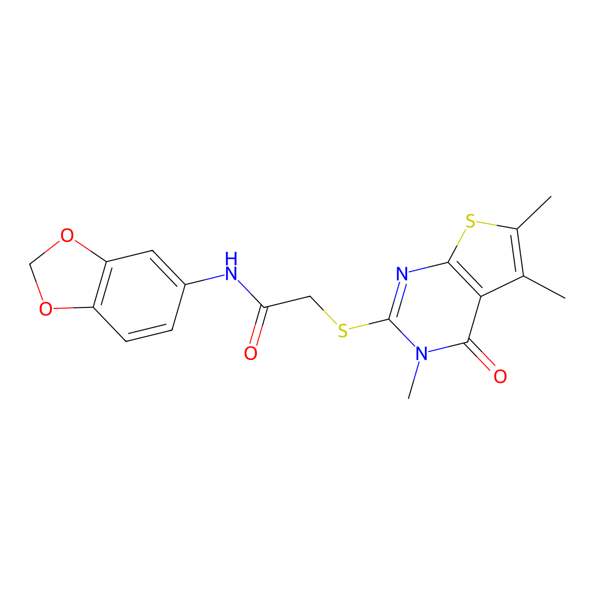 N-(1,3-benzodioxol-5-yl)-2-[(3,5,6-trimethyl-4-oxo-3,4-dihydrothieno[2,3-d]pyrimidin-2-yl)sulfanyl]acetamide molecular structure, CAS 586990-40-1