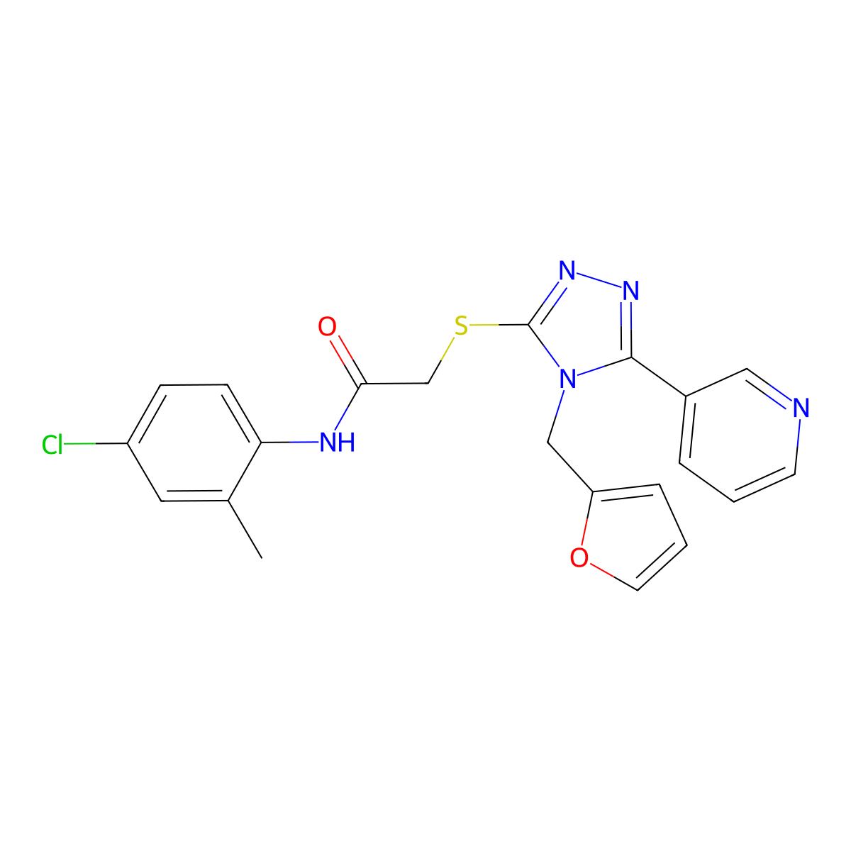 N-(4-chloro-2-methylphenyl)-2-{[4-(furan-2-ylmethyl)-5-(pyridin-3-yl)-4H-1,2,4-triazol-3-yl]sulfanyl}acetamide molecular structure, CAS 586991-43-7