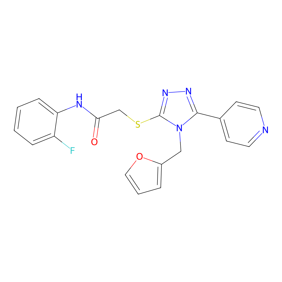 N-(2-Fluoro-phenyl)-2-(4-furan-2-ylmethyl-5-pyridin-4-yl-4H-[1,2,4]triazol-3-ylsulfanyl)-acetamide molecular structure, CAS 586991-66-4