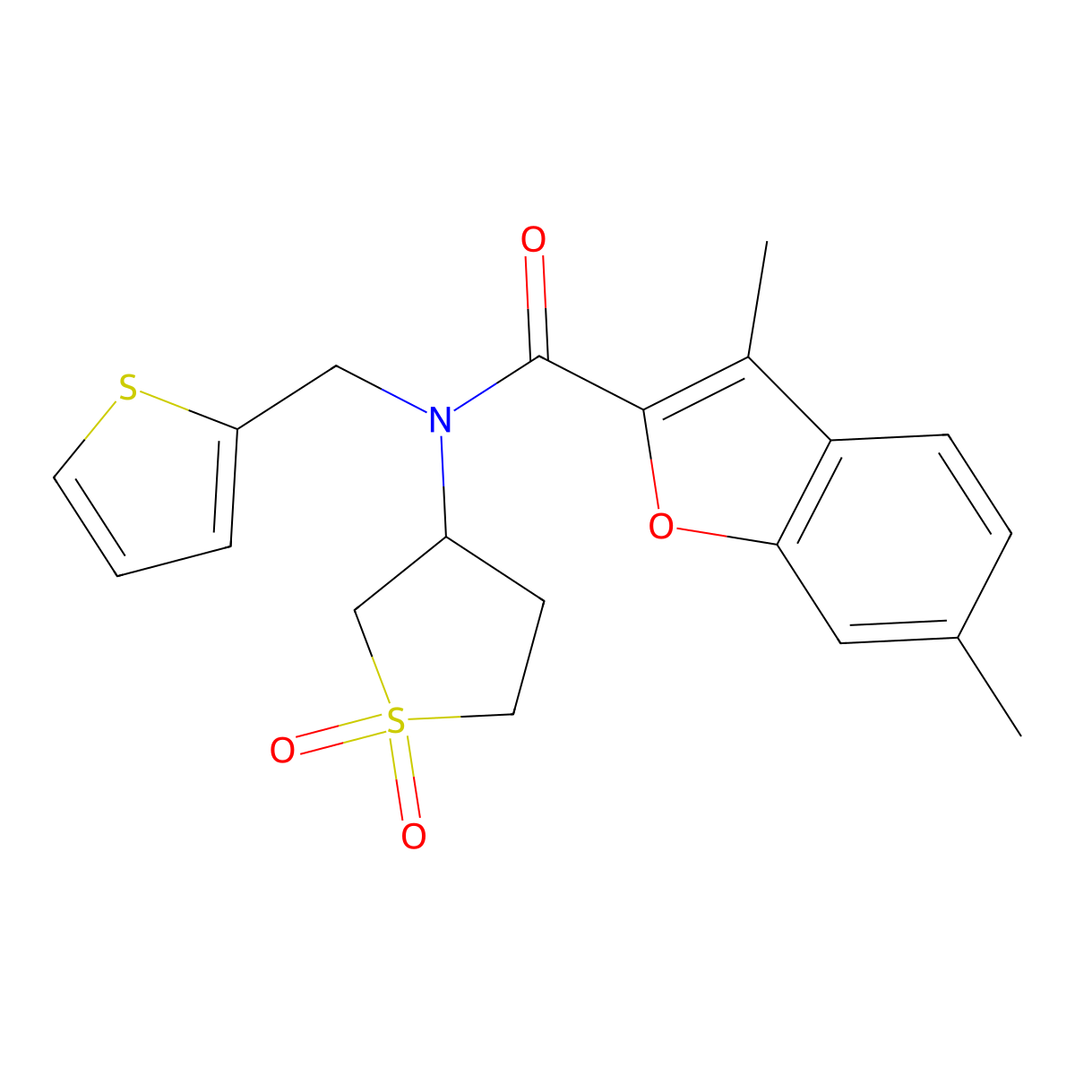N-(1,1-dioxothiolan-3-yl)-3,6-dimethyl-N-(thiophen-2-ylmethyl)-1-benzofuran-2-carboxamide molecular structure, CAS 586992-12-3