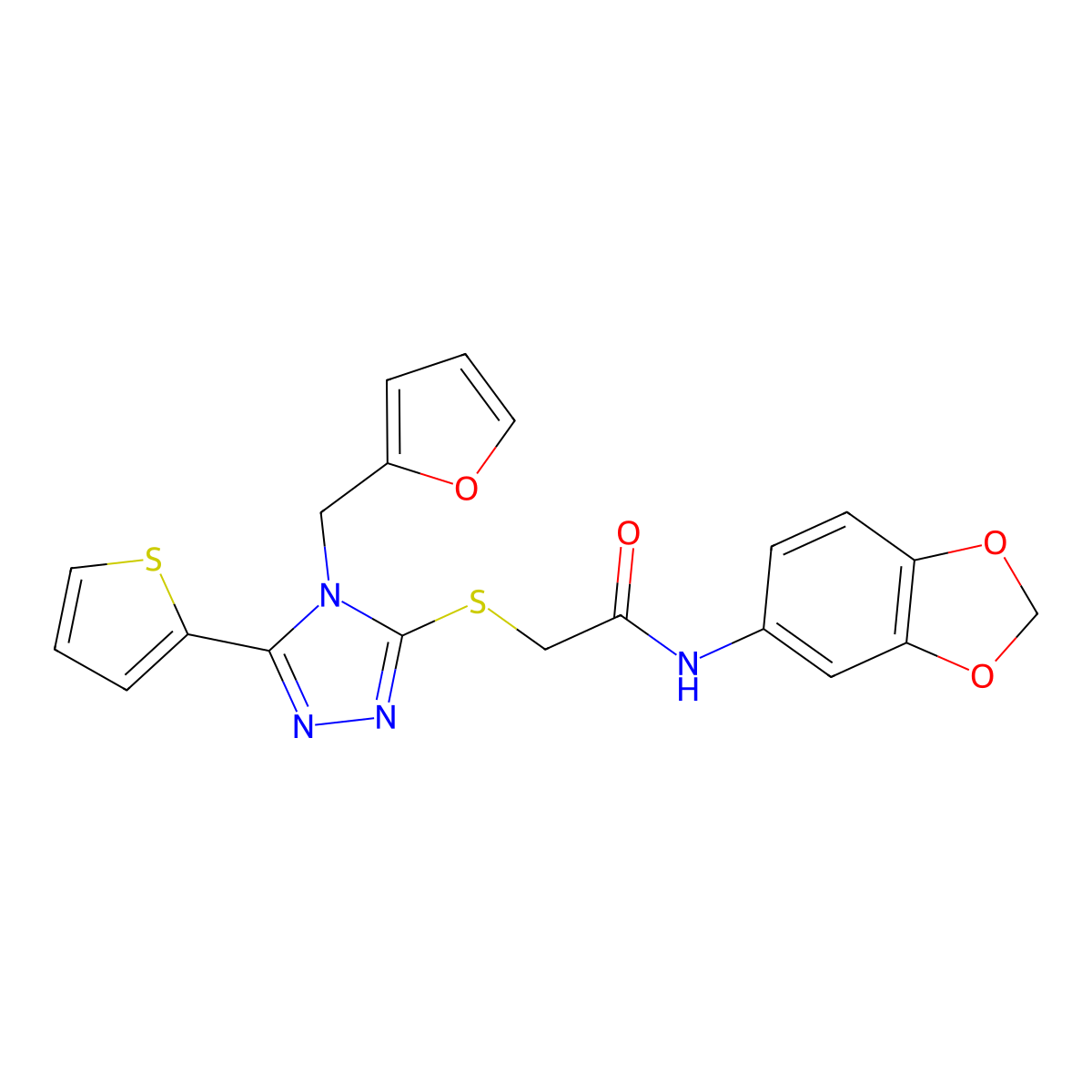 N-1,3-benzodioxol-5-yl-2-{[4-(2-furylmethyl)-5-(2-thienyl)-4H-1,2,4-triazol-3-yl]thio}acetamide molecular structure, CAS 586992-25-8