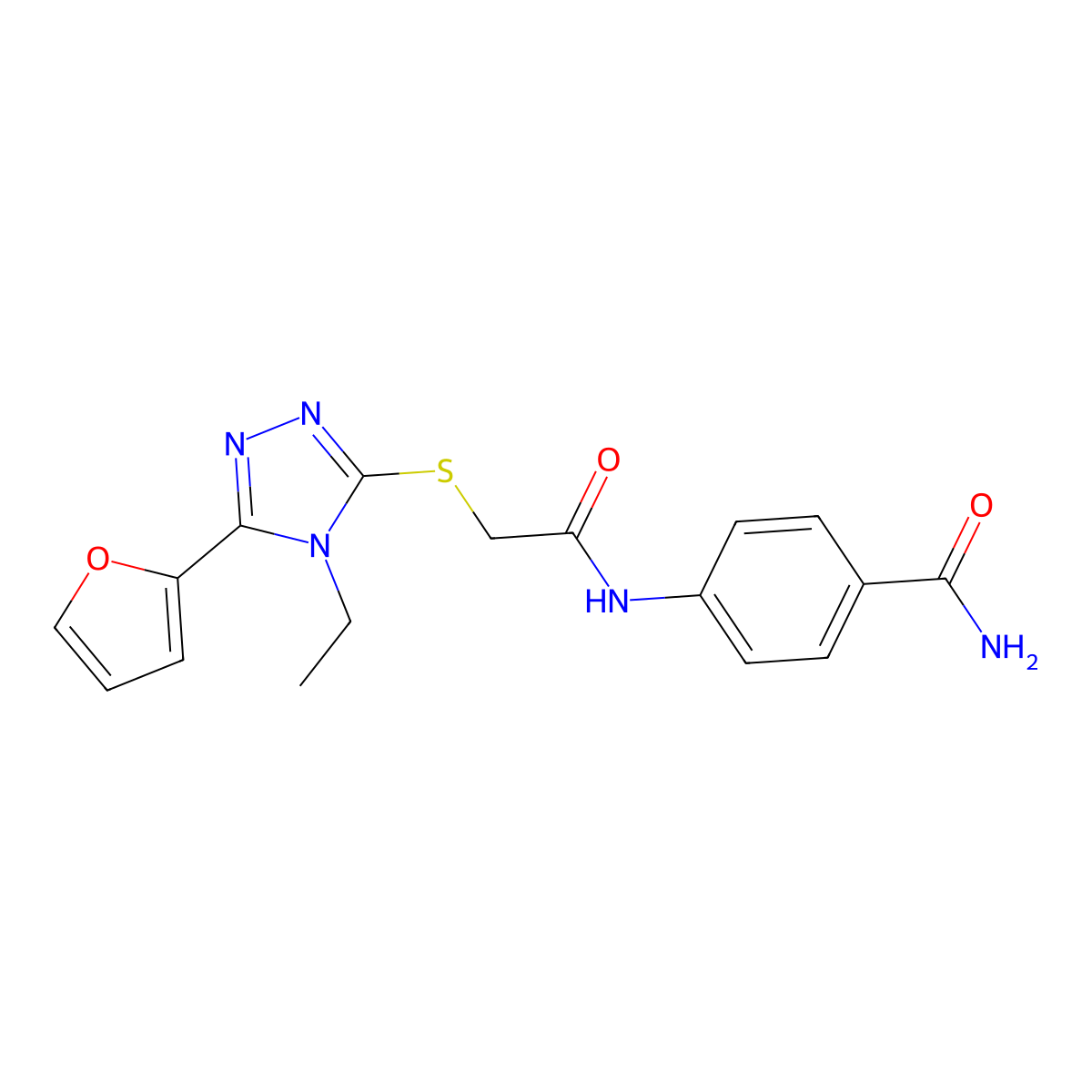 4-((((4-Ethyl-5-(2-furyl)-4H-1,2,4-triazol-3-YL)thio)acetyl)amino)benzamide molecular structure, CAS 586992-64-5