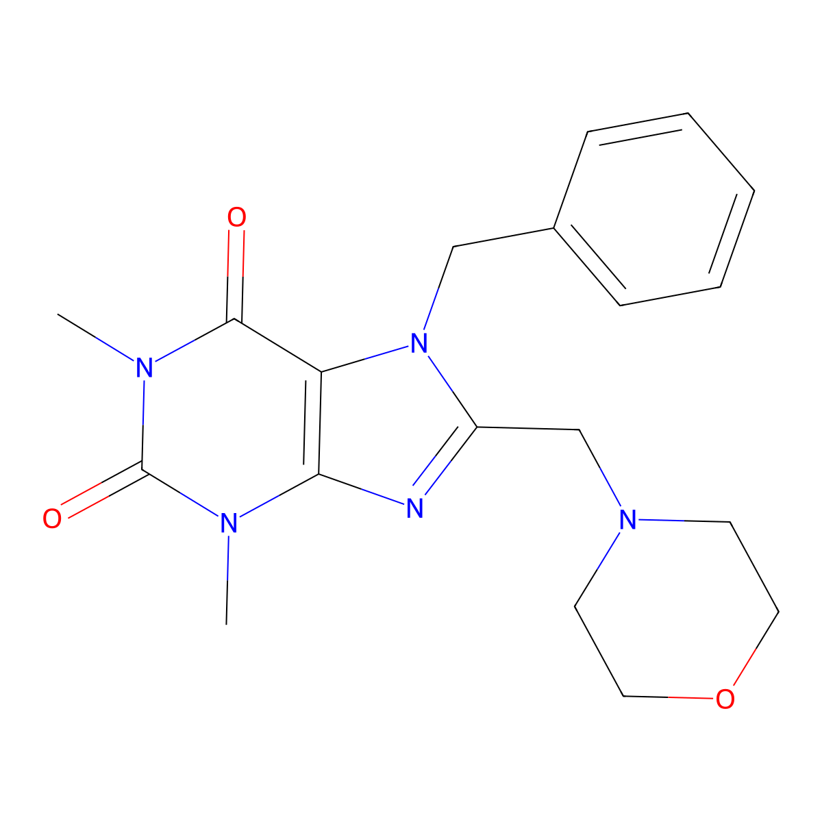 7-Benzyl-1,3-dimethyl-8-morpholin-4-ylmethyl-3,7-dihydro-purine-2,6-dione molecular structure, CAS 586992-95-2