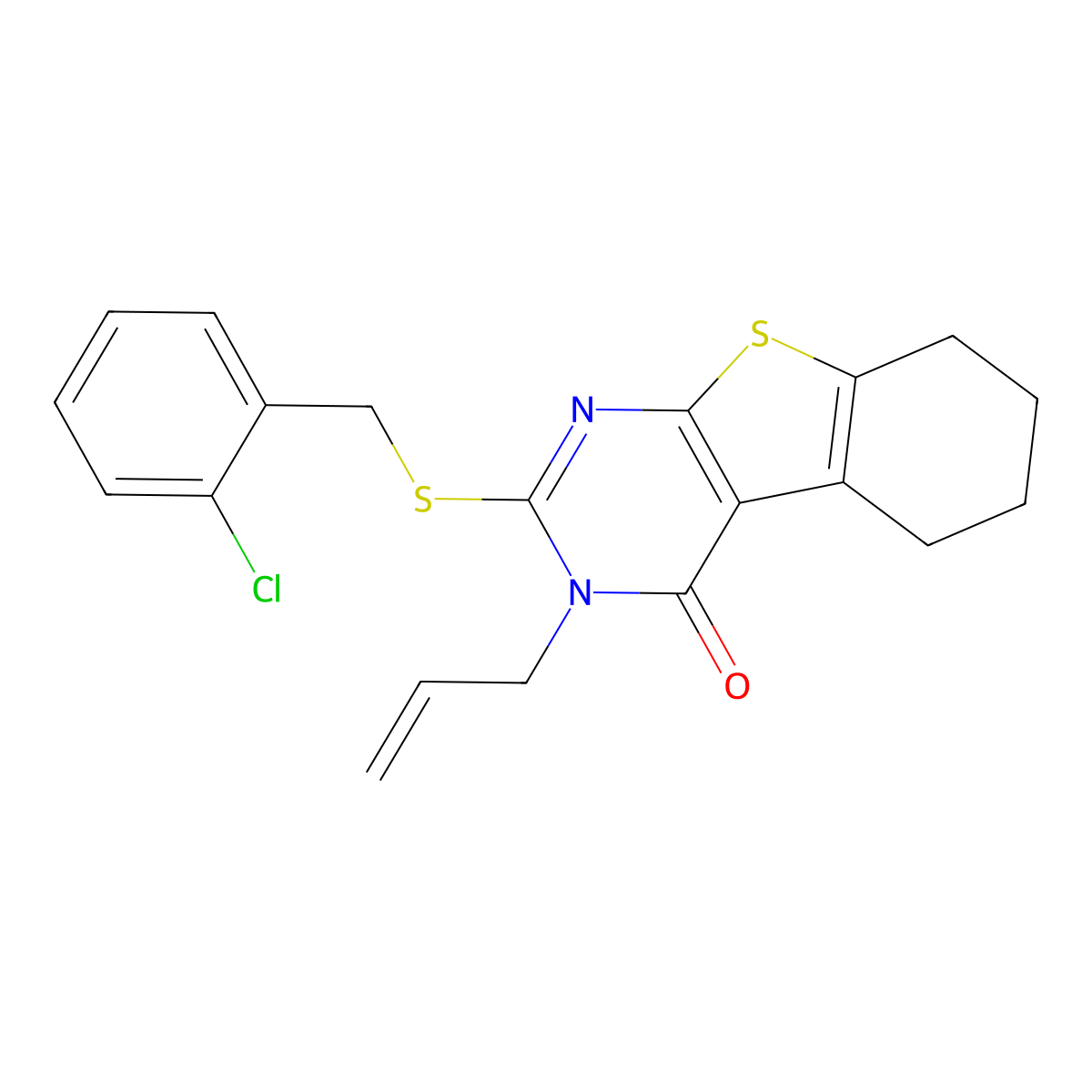 2-[(2-chlorobenzyl)sulfanyl]-3-(prop-2-en-1-yl)-5,6,7,8-tetrahydro[1]benzothieno[2,3-d]pyrimidin-4(3H)-one molecular structure, CAS 586993-01-3