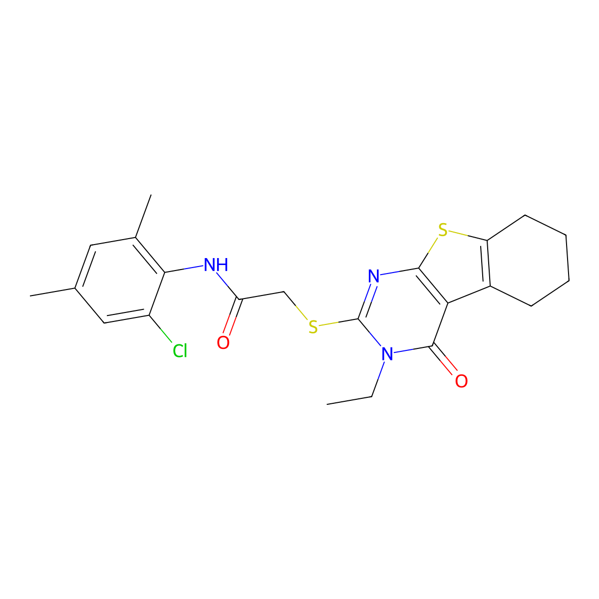 N-(2-Chloro-4,6-dimethylphenyl)-2-[(3-ethyl-4-oxo-3,4,5,6,7,8-hexahydro[1]benzothieno[2,3-D]pyrimidin-2-YL)sulfanyl]acetamide molecular structure, CAS 586993-85-3