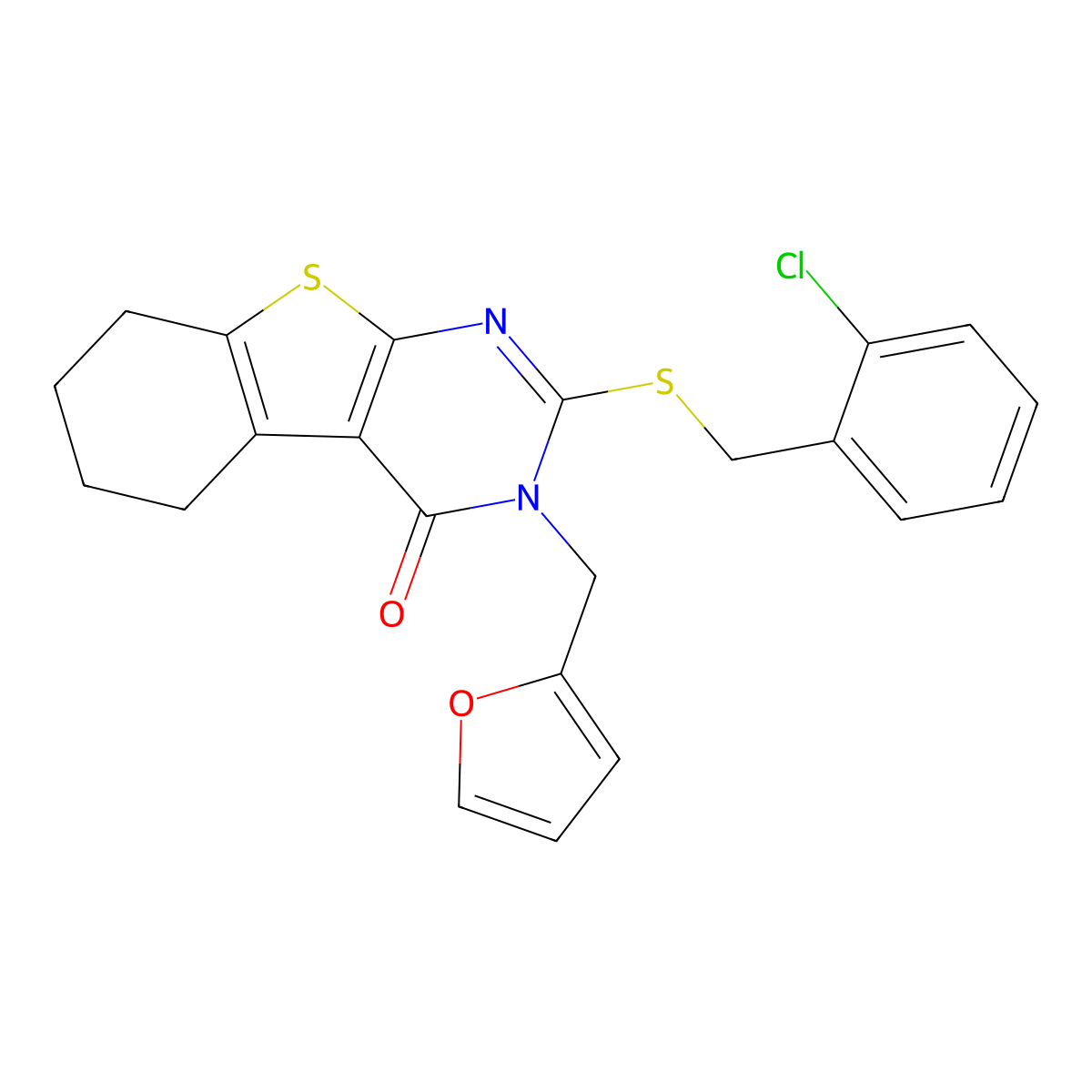 2-[(2-chlorobenzyl)sulfanyl]-3-(furan-2-ylmethyl)-5,6,7,8-tetrahydro[1]benzothieno[2,3-d]pyrimidin-4(3H)-one molecular structure, CAS 586993-95-5
