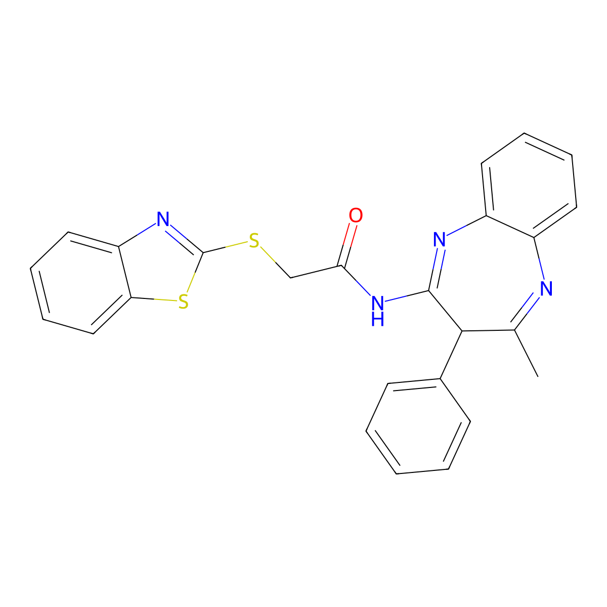 2-(1,3-benzothiazol-2-ylsulfanyl)-N-(4-methyl-3-phenyl-3H-1,5-benzodiazepin-2-yl)acetamide molecular structure, CAS 586994-15-2