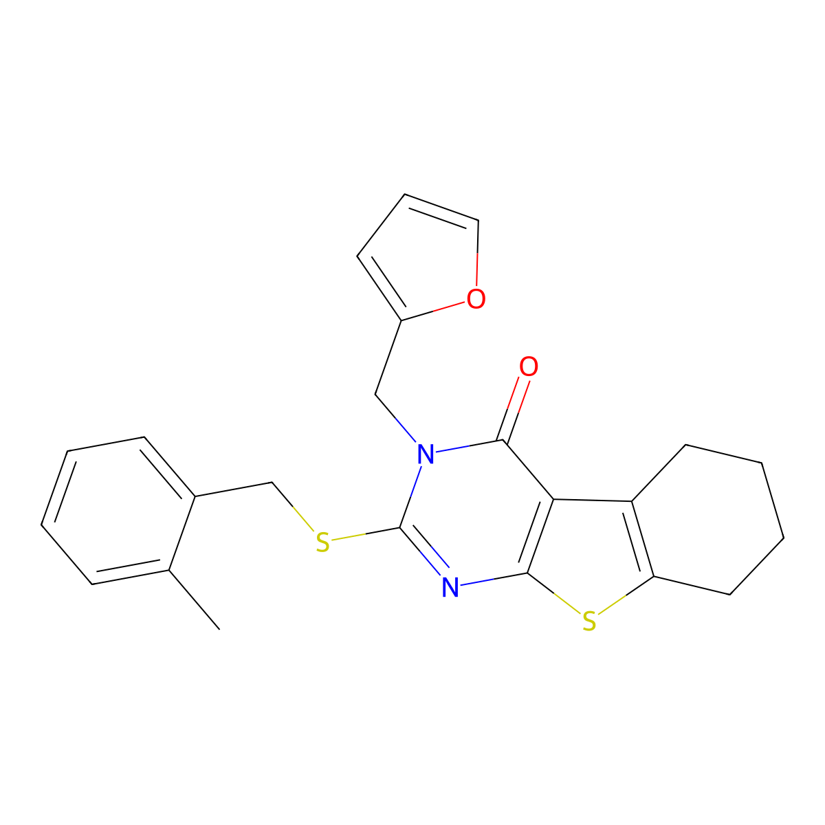 3-(furan-2-ylmethyl)-2-[(2-methylbenzyl)sulfanyl]-5,6,7,8-tetrahydro[1]benzothieno[2,3-d]pyrimidin-4(3H)-one molecular structure, CAS 586994-31-2