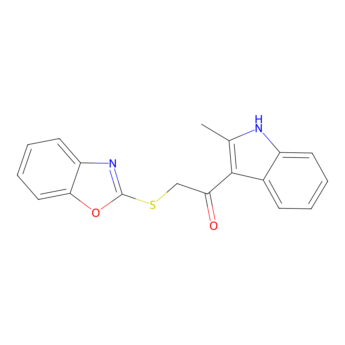 2-(1,3-benzoxazol-2-ylsulfanyl)-1-(2-methyl-1H-indol-3-yl)ethanone molecular structure, CAS 586994-88-9