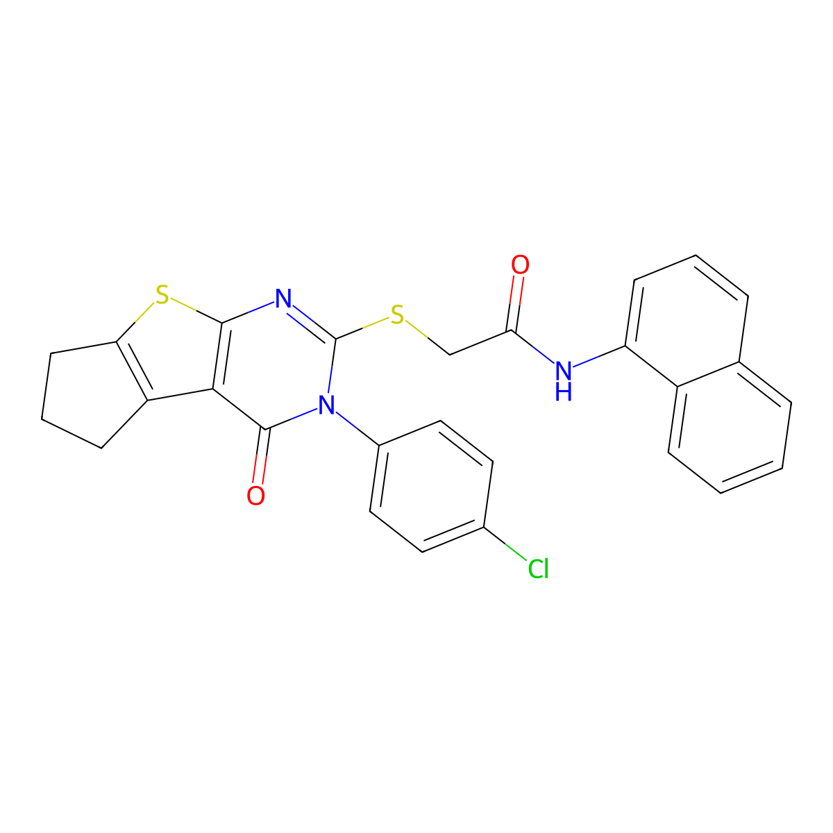 2-{[3-(4-Chlorophenyl)-4-oxo-3,5,6,7-tetrahydro-4H-cyclopenta[4,5]thieno[2,3-D]pyrimidin-2-YL]sulfanyl}-N-(1-naphthyl)acetamide molecular structure, CAS 586994-97-0