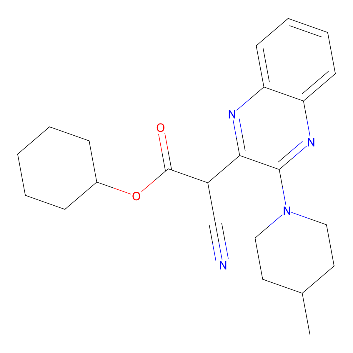 Cyclohexyl 2-cyano-2-[3-(4-methylpiperidin-1-yl)quinoxalin-2-yl]acetate molecular structure, CAS 586995-91-7