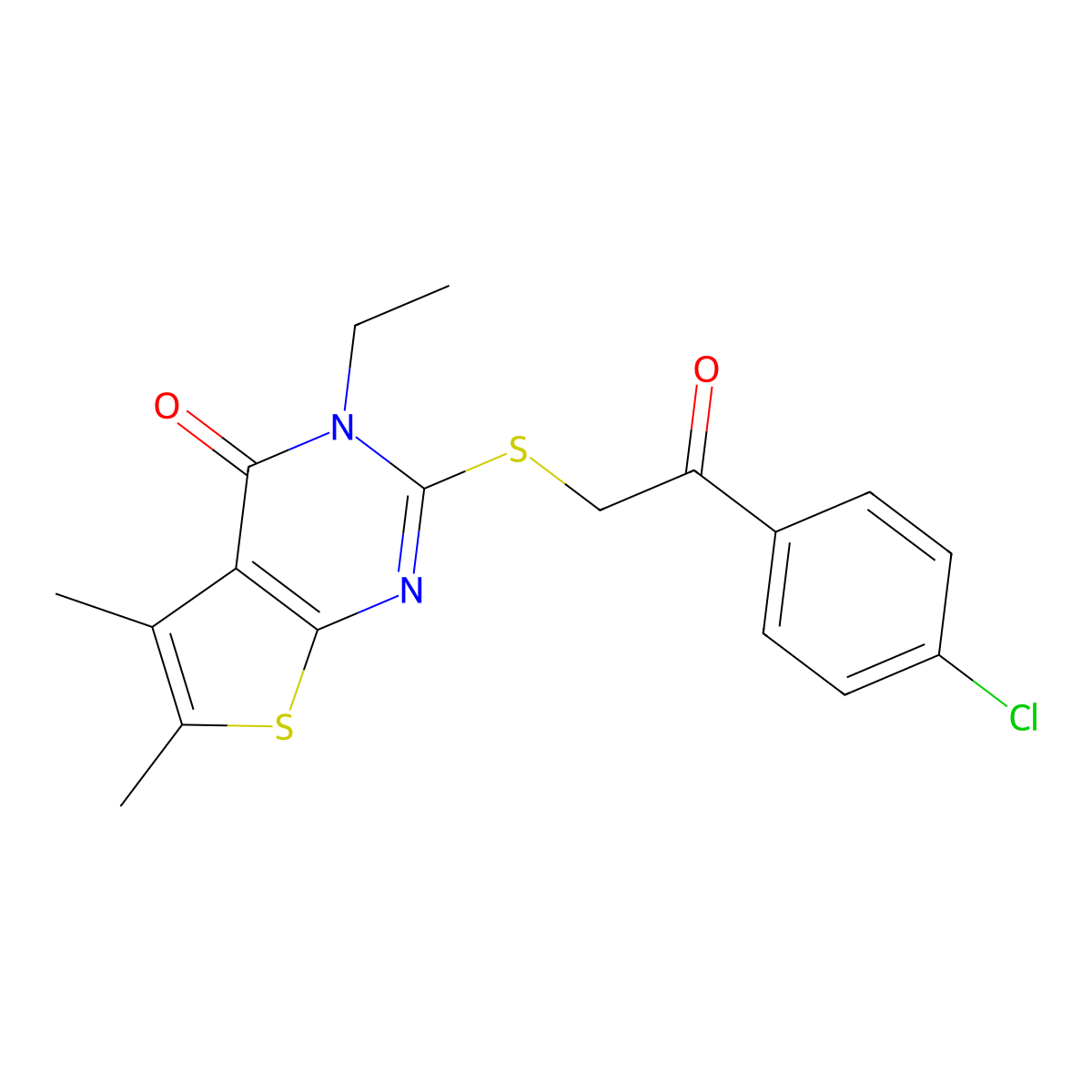 2-{[2-(4-chlorophenyl)-2-oxoethyl]sulfanyl}-3-ethyl-5,6-dimethylthieno[2,3-d]pyrimidin-4(3H)-one molecular structure, CAS 586996-60-3