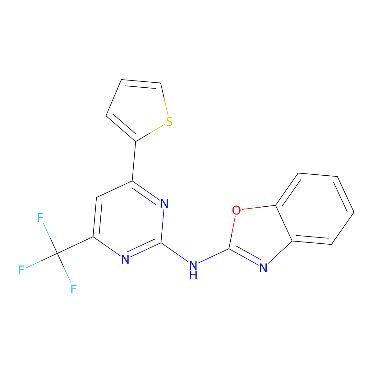 N-[4-(thiophen-2-yl)-6-(trifluoromethyl)pyrimidin-2-yl]-1,3-benzoxazol-2-amine molecular structure, CAS 586997-35-5