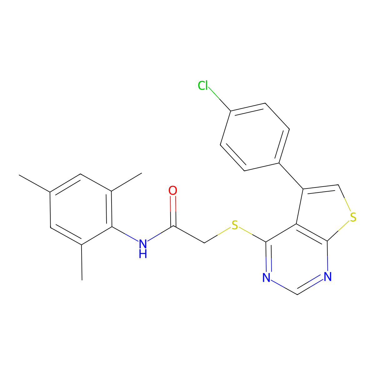 2-[5-(4-chlorophenyl)thiopheno[3,2-e]pyrimidin-4-ylthio]-N-(2,4,6-trimethylphe nyl)acetamide molecular structure, CAS 586997-65-1