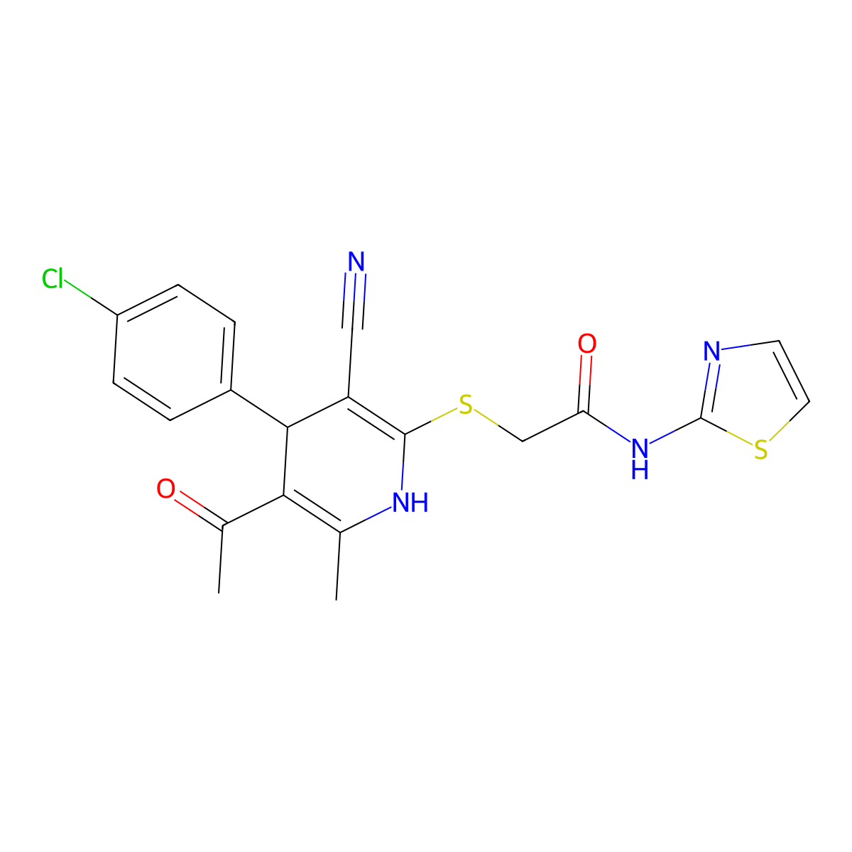 2-((5-acetyl-4-(4-chlorophenyl)-3-cyano-6-methyl-1,4-dihydropyridin-2-yl)thio)-N-(thiazol-2-yl)acetamide molecular structure, CAS 586997-76-4