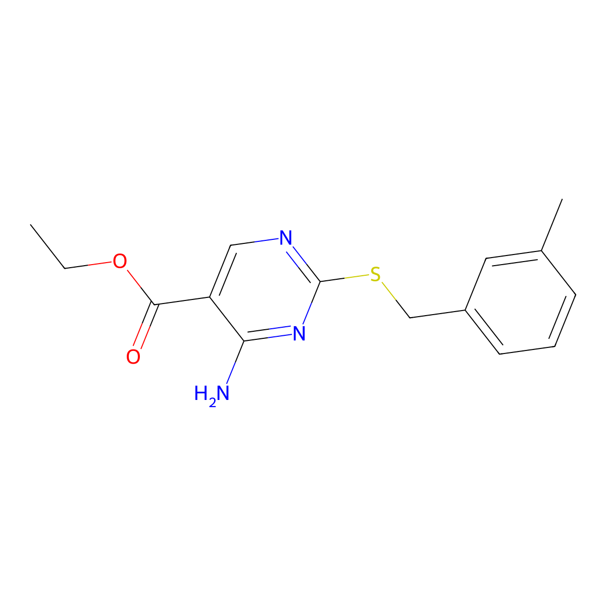 4-Amino-2-(3-methyl-benzylsulfanyl)-pyrimidine-5-carboxylic acid ethyl ester molecular structure, CAS 586998-61-0