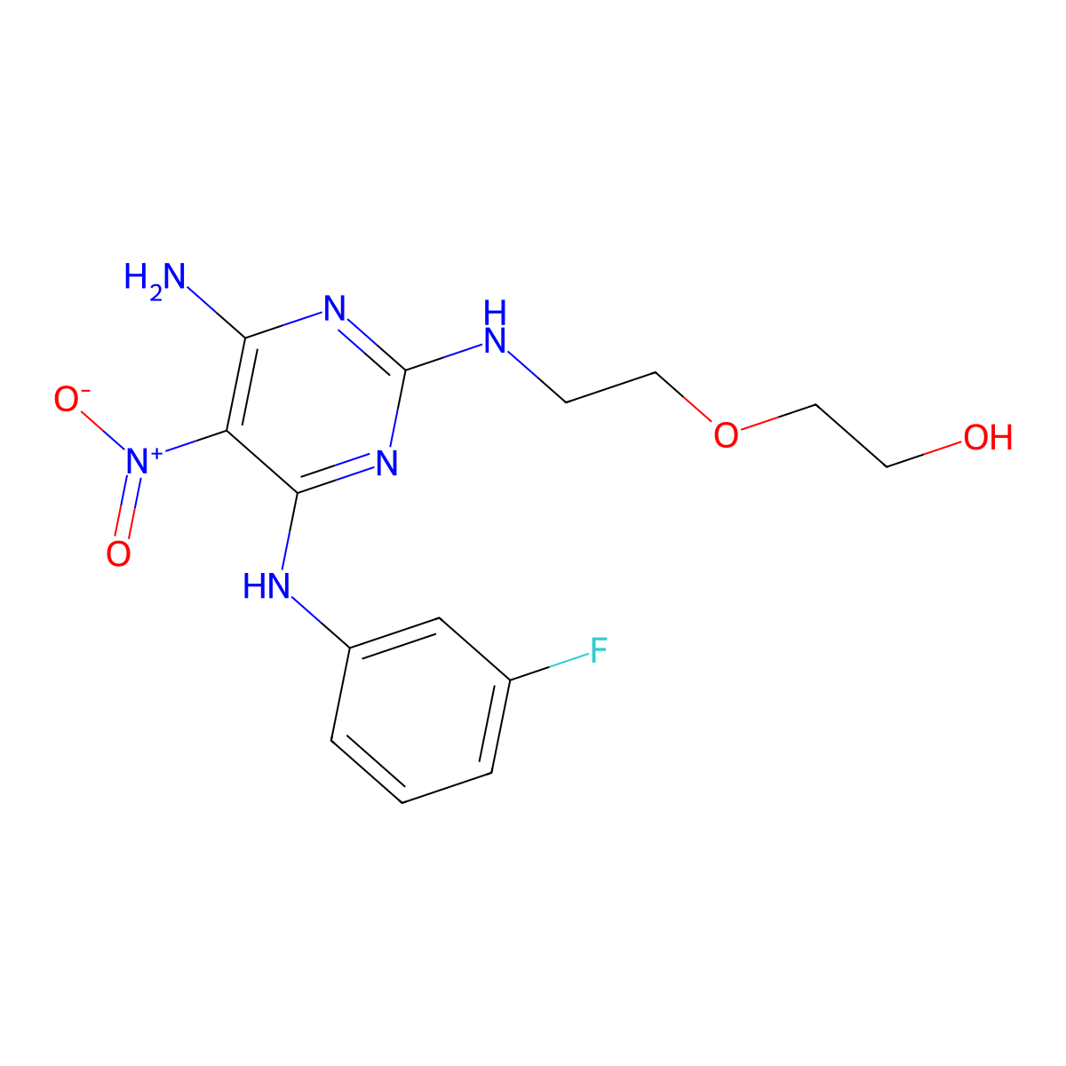2-(2-((4-Amino-6-((3-fluorophenyl)amino)-5-nitropyrimidin-2-yl)amino)ethoxy)ethanol molecular structure, CAS 586998-86-9