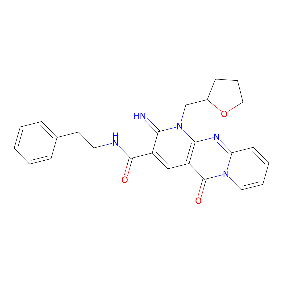 2-Imino-10-oxo-1-(tetrahydro-furan-2-ylmethyl)-1,10-dihydro-2H-1,9,10a-triaza-anthracene-3-carboxylic acid phenethyl-amide molecular structure, CAS 586999-08-8