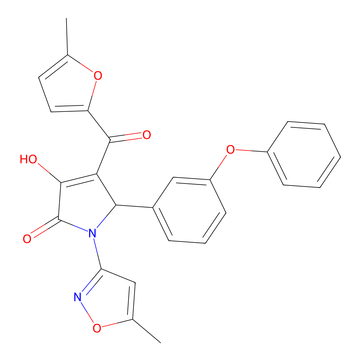 (4E)-4-[hydroxy(5-methylfuran-2-yl)methylidene]-1-(5-methyl-1,2-oxazol-3-yl)-5-(3-phenoxyphenyl)pyrrolidine-2,3-dione molecular structure, CAS 586999-13-5