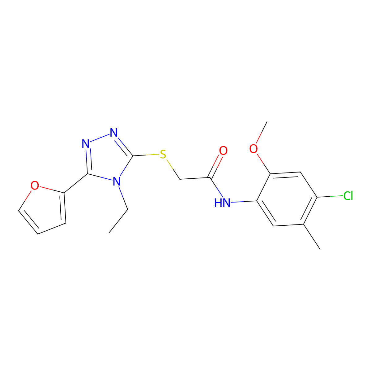 N-(4-Chloro-2-methoxy-5-methylphenyl)-2-{[4-ethyl-5-(2-furyl)-4H-1,2,4-triazol-3-YL]sulfanyl}acetamide molecular structure, CAS 586999-85-1