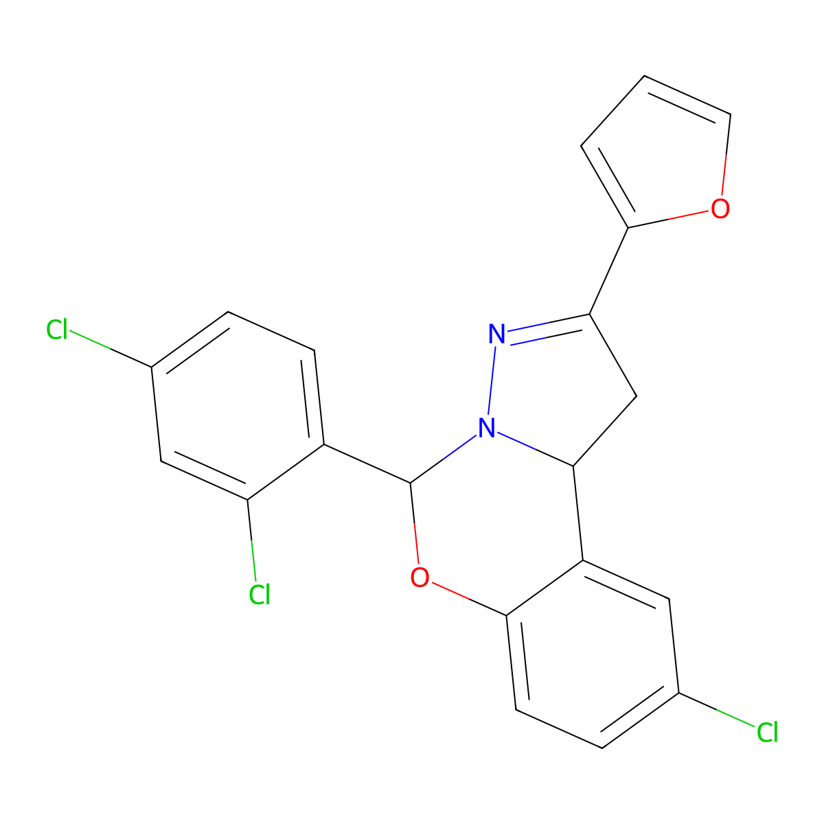 9-Chloro-5-(2,4-dichlorophenyl)-2-(2-furyl)-1,10B-dihydropyrazolo[1,5-C][1,3]benzoxazine molecular structure, CAS 587000-21-3