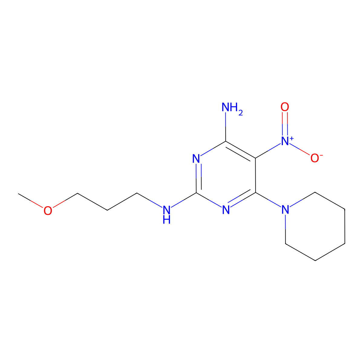N2-(3-methoxypropyl)-5-nitro-6-(piperidin-1-yl)pyrimidine-2,4-diamine molecular structure, CAS 587000-60-0